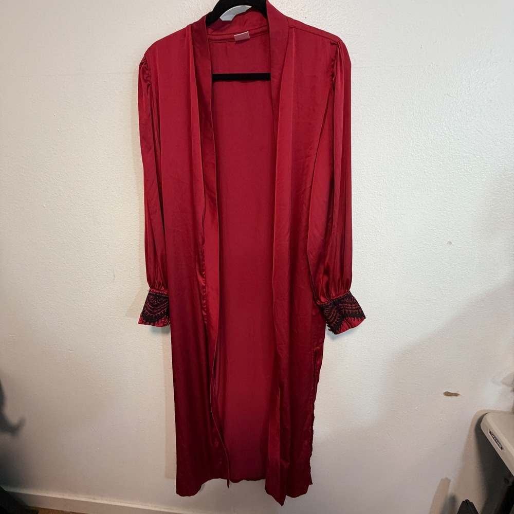 Martely 100% Silk Robe Burgundy Black Lace Kimono Handcrafted Womens XS